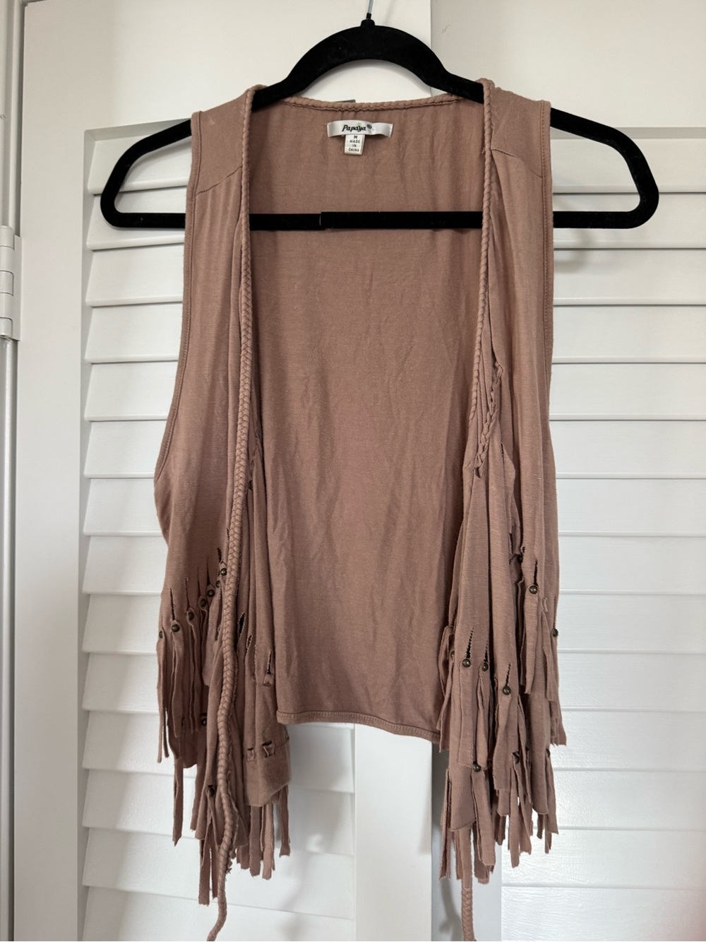Papaya Fringe Open Vest in Tan